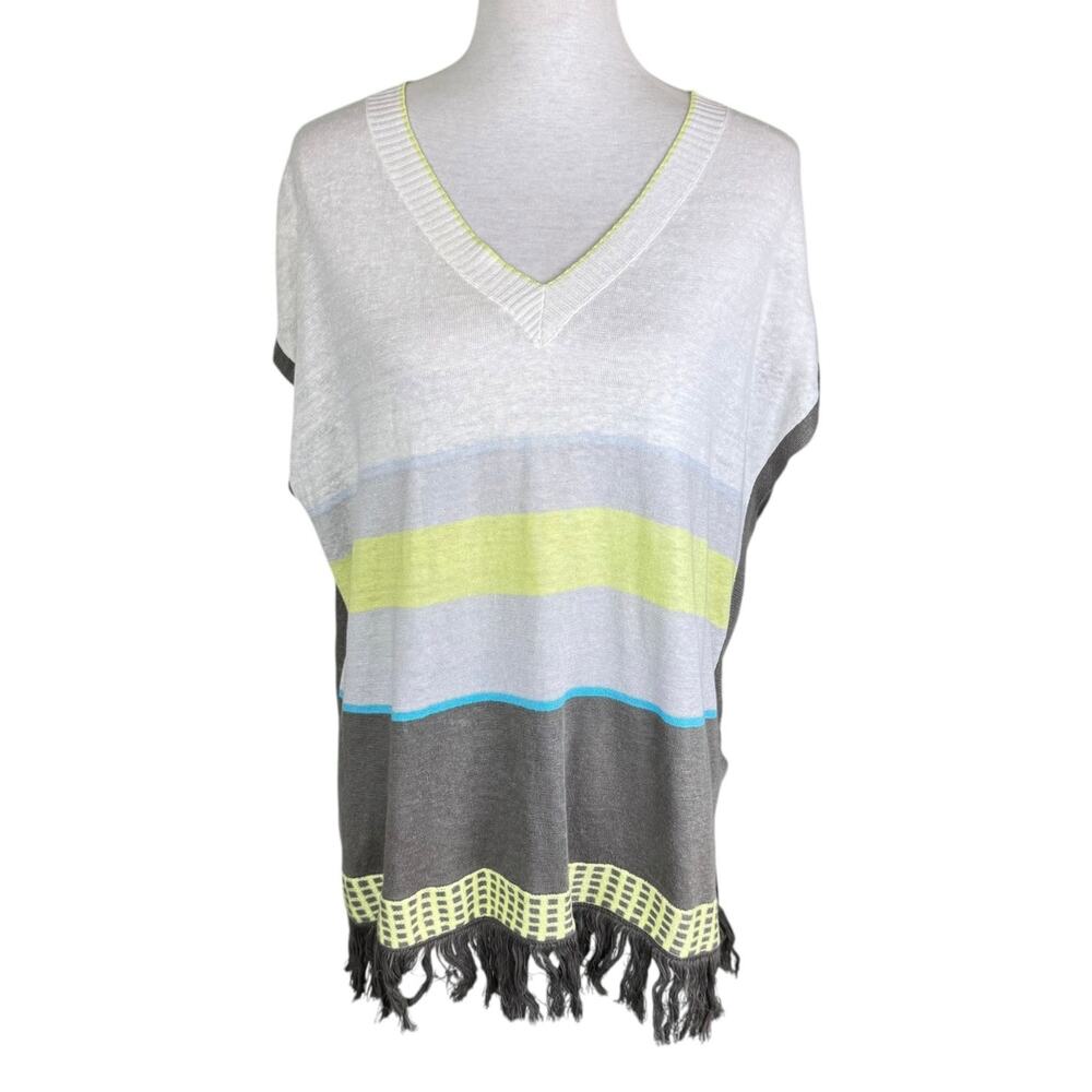 Lisa Todd 100% Linen Knit Striped Oversized Boxy Fringe Trim Beach Summer Top